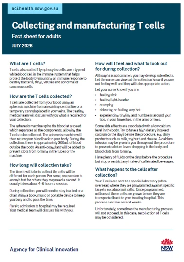 Brochure on collecting and manufacturing T-cells for adults cover image
