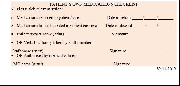 Patient's own medications checklist sticker